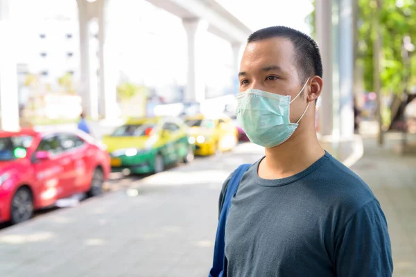 Portrait Young Asian Man Mask Protection Corona Virus Outbreak City — Stockfoto