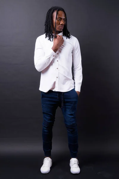 Studio Shot Young Handsome African Businessman Dreadlocks Black Background — Stock Fotó