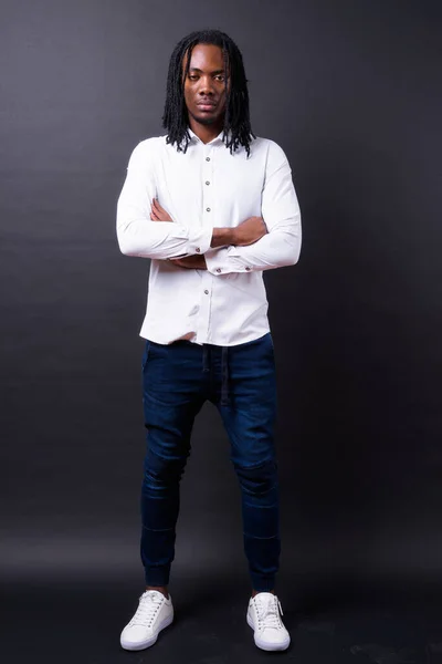 Studio Shot Young Handsome African Businessman Dreadlocks Black Background — Stock fotografie