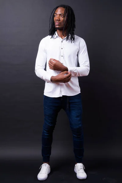 Studio Shot Young Handsome African Businessman Dreadlocks Black Background — Stock Fotó