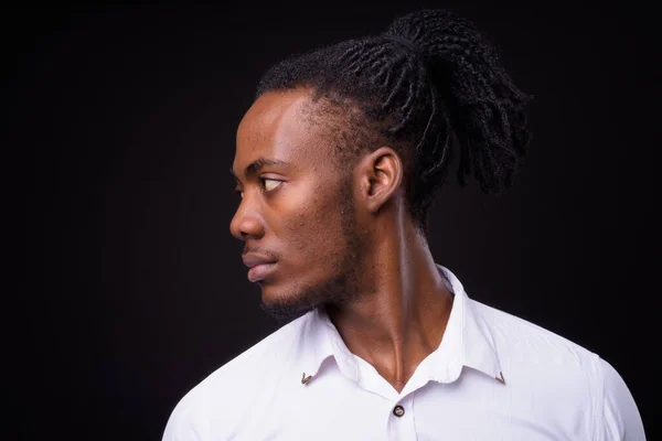 Studio Shot Young Handsome African Businessman Dreadlocks Black Background — Stock fotografie