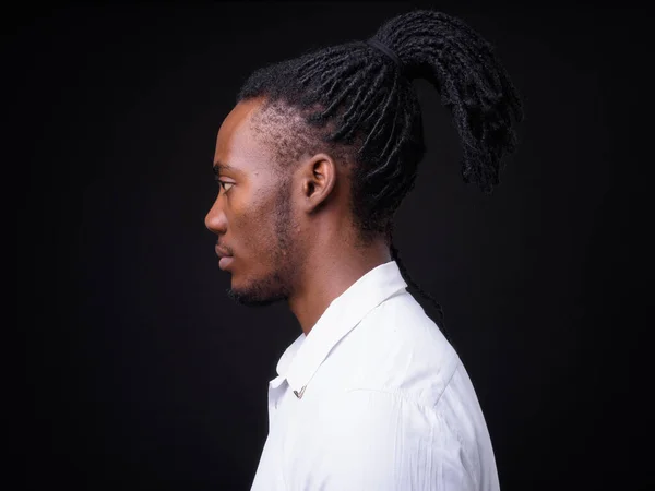 Studio Shot Young Handsome African Businessman Dreadlocks Black Background — Stok fotoğraf