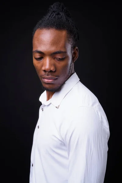 Studio Shot Young Handsome African Businessman Dreadlocks Black Background — Stock Fotó