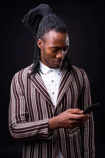 Studio Shot Young Handsome African Businessman Dreadlocks Black Background — Stok fotoğraf