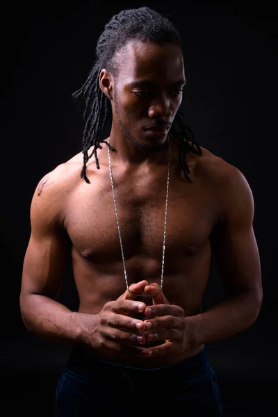 Studio Shot Young Handsome African Man Dreadlocks Shirtless Black Background — Stock Fotó