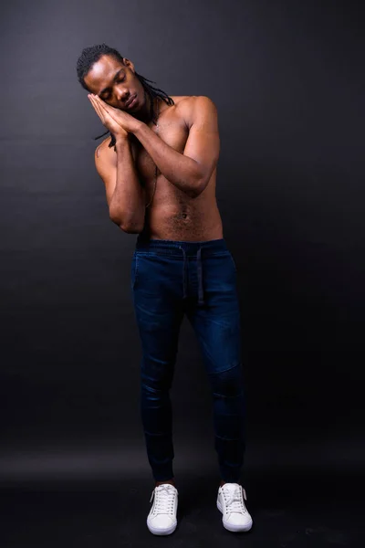 Studio Shot Young Handsome African Man Dreadlocks Shirtless Black Background — Zdjęcie stockowe