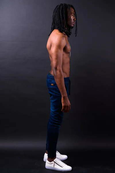 Studio Shot Young Handsome African Man Dreadlocks Shirtless Black Background — Stock Fotó