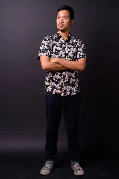 Studio Shot Young Asian Tourist Man Bohemian Shirt Black Background — Stok fotoğraf