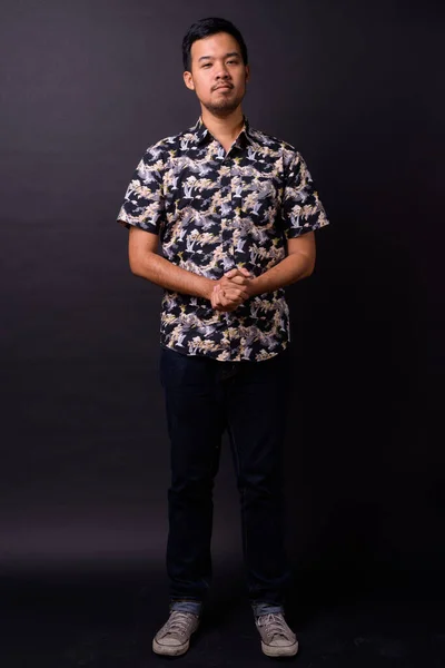 Studio Shot Young Asian Tourist Man Bohemian Shirt Black Background — Fotografia de Stock