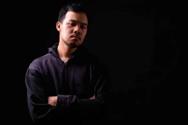 Studio Shot Young Asian Man Wearing Hoodie Black Background — 스톡 사진