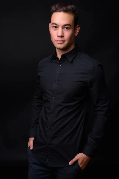 Studio Shot Young Handsome Multi Ethnic Businessman Black Background — Stok Foto