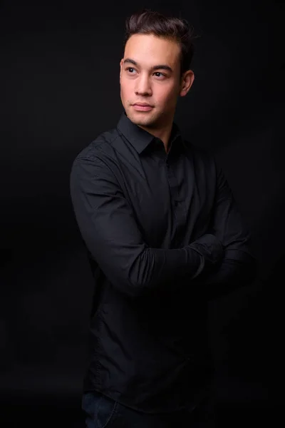 Studio Shot Young Handsome Multi Ethnic Businessman Black Background — Stok fotoğraf