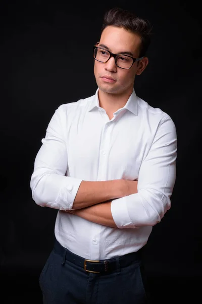 Studio Shot Young Handsome Multi Ethnic Businessman Black Background — Zdjęcie stockowe