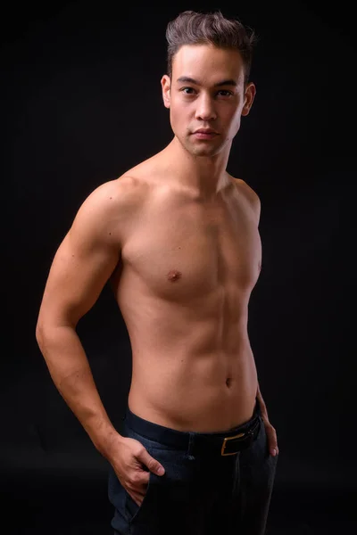 Studio Shot Young Handsome Multi Ethnic Man Shirtless Black Background — Foto Stock
