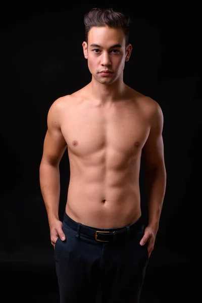 Studio Shot Young Handsome Multi Ethnic Man Shirtless Black Background — 图库照片