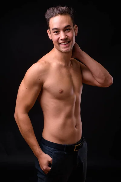 Studio Shot Young Handsome Multi Ethnic Man Shirtless Black Background — Zdjęcie stockowe