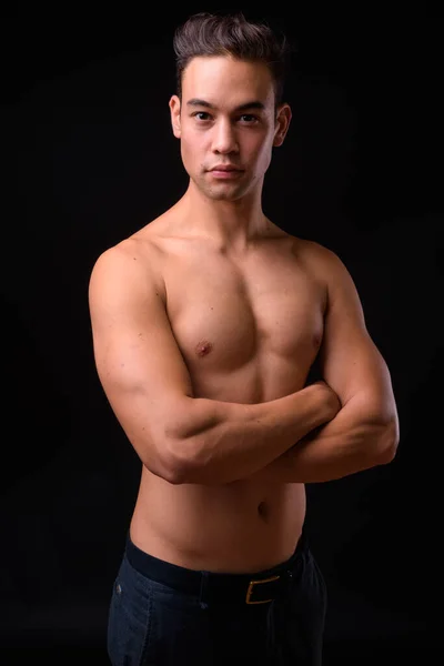 Studio Shot Young Handsome Multi Ethnic Man Shirtless Black Background — 图库照片