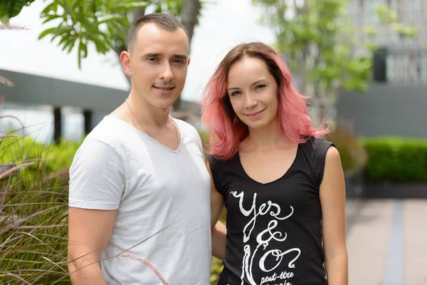 Portrait Handsome Man Beautiful Woman Pink Hair Couple Together Love — Stockfoto