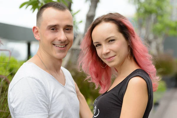 Portrait Handsome Man Beautiful Woman Pink Hair Couple Together Love — Stockfoto