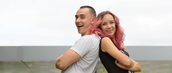 Portrait Handsome Man Beautiful Woman Pink Hair Couple Together Love — Foto Stock