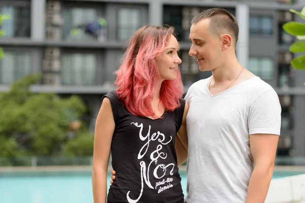 Portrait Handsome Man Beautiful Woman Pink Hair Couple Together Swimming — Stockfoto