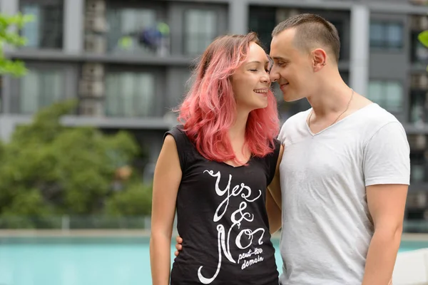 Portrait Handsome Man Beautiful Woman Pink Hair Couple Together Swimming — Stockfoto