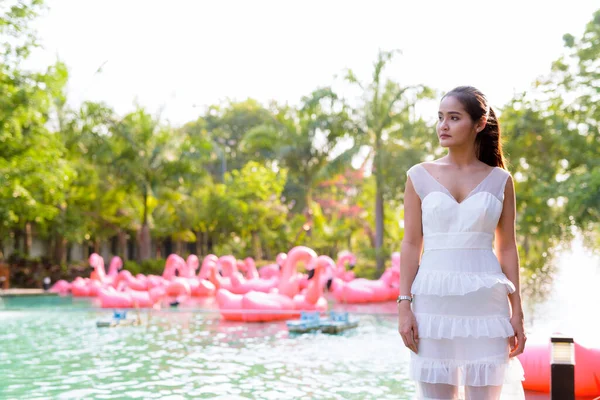 Portrait Young Beautiful Asian Tourist Woman Relaxing Lake Outdoors — 스톡 사진