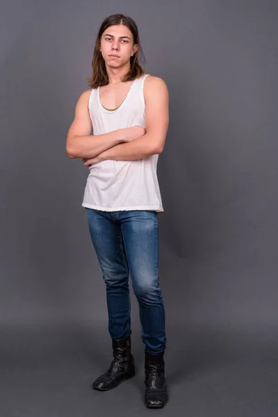 Studio Shot Young Handsome Androgynous Man Long Hair Gray Background — Stock Photo, Image