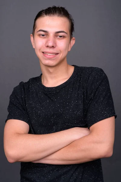 Studio Shot Young Handsome Androgynous Man Long Hair Gray Background — Stock Fotó