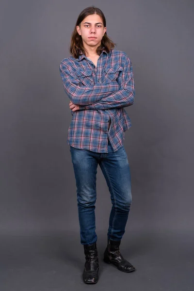 Studio Shot Young Handsome Androgynous Hipster Man Long Hair Gray — Stock Fotó