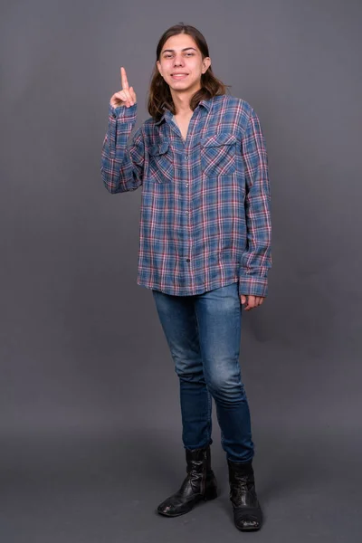 Studio Shot Young Handsome Androgynous Hipster Man Long Hair Gray — Stock Fotó