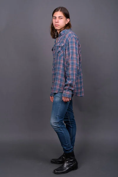 Studio Shot Young Handsome Androgynous Hipster Man Long Hair Gray — Fotografia de Stock