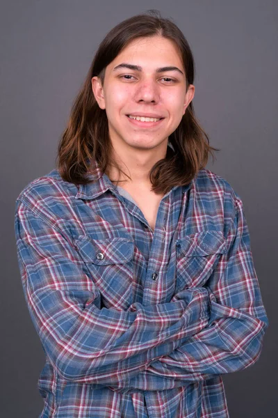 Studio Shot Young Handsome Androgynous Hipster Man Long Hair Gray — Stockfoto