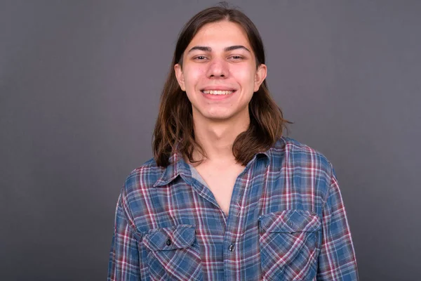 Studio Shot Young Handsome Androgynous Hipster Man Long Hair Gray — Stok fotoğraf