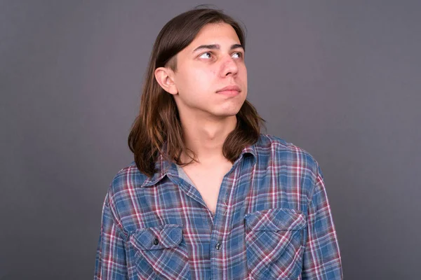 Studio Shot Young Handsome Androgynous Hipster Man Long Hair Gray — 图库照片