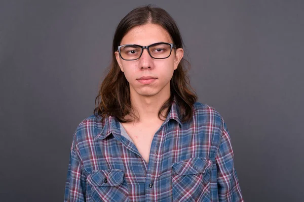 Studio Shot Young Handsome Androgynous Hipster Man Long Hair Gray — 图库照片