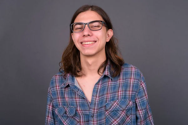 Studio Shot Young Handsome Androgynous Hipster Man Long Hair Gray — Zdjęcie stockowe