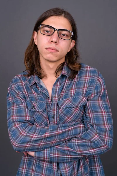 Studio Shot Young Handsome Androgynous Hipster Man Long Hair Gray — 图库照片