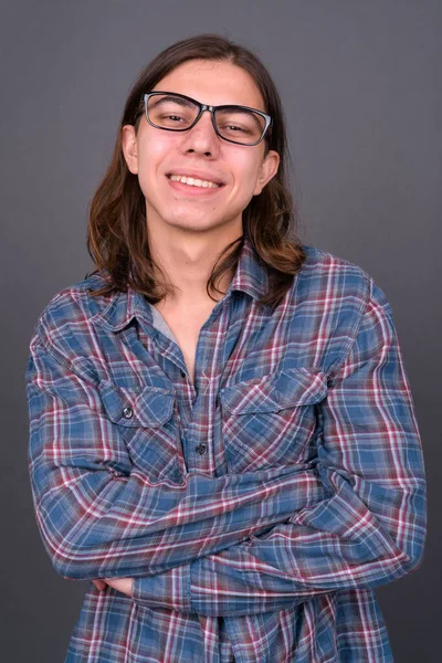 Studio Shot Young Handsome Androgynous Hipster Man Long Hair Gray — 图库照片