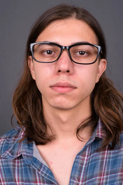 Studio Shot Young Handsome Androgynous Hipster Man Long Hair Gray —  Fotos de Stock