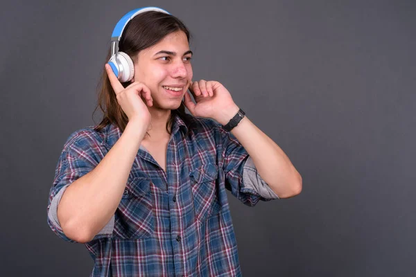 Studio Shot Young Handsome Androgynous Hipster Man Long Hair Gray — Stockfoto