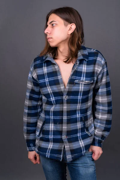 Studio Shot Young Handsome Androgynous Hipster Man Long Hair Gray — Foto de Stock