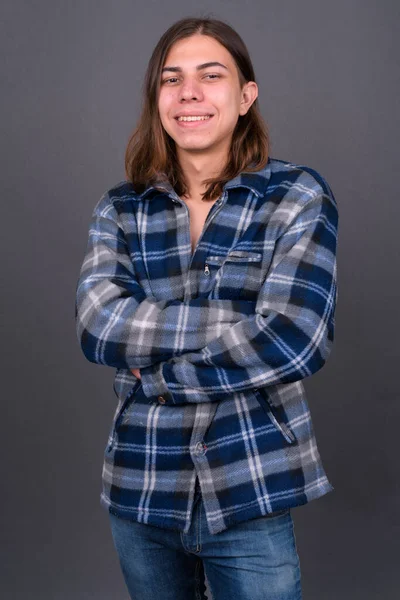 Studio Shot Young Handsome Androgynous Hipster Man Long Hair Gray — Foto Stock