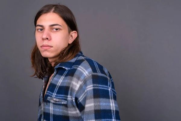 Studio Shot Young Handsome Androgynous Hipster Man Long Hair Gray — Fotografia de Stock