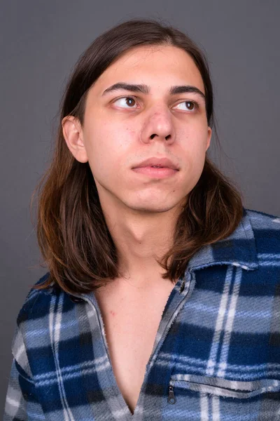 Studio Shot Young Handsome Androgynous Hipster Man Long Hair Gray — Stockfoto