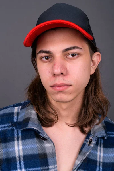 Studio Shot Young Handsome Androgynous Hipster Man Long Hair Gray — Stock fotografie