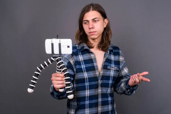 Studio Shot Young Handsome Androgynous Hipster Man Long Hair Gray — Stok Foto