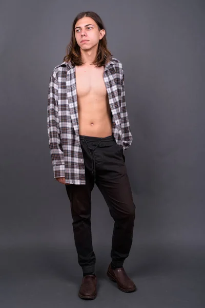 Studio Shot Young Handsome Androgynous Hipster Man Long Hair Gray — Foto de Stock