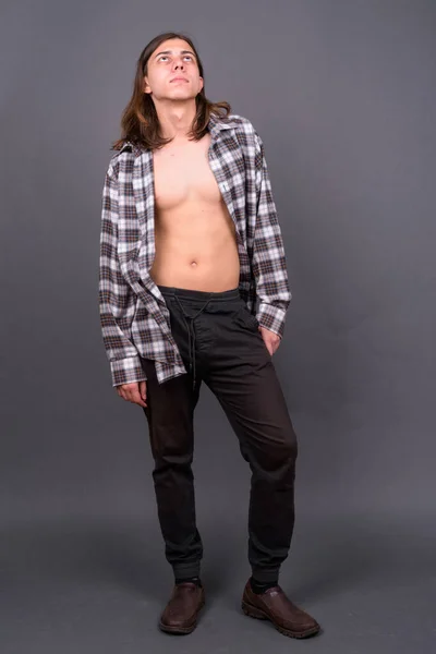 Studio Shot Young Handsome Androgynous Hipster Man Long Hair Gray — Foto de Stock