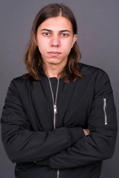Studio Shot Young Handsome Androgynous Man Long Hair Wearing Jacket — Foto de Stock